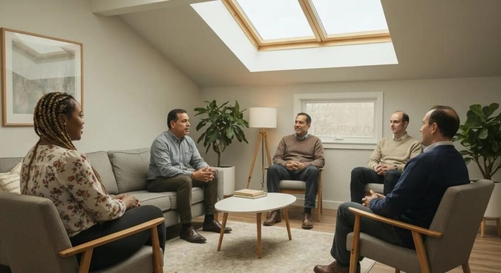 Group therapy session for addiction recovery in a bright, modern room with five participants seated on a sofa and chairs, discussing support strategies for overcoming substance abuse.
