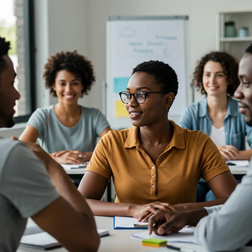Group therapy session with diverse individuals engaged in discussion, emphasizing peer support and accountability in drug rehab aftercare.