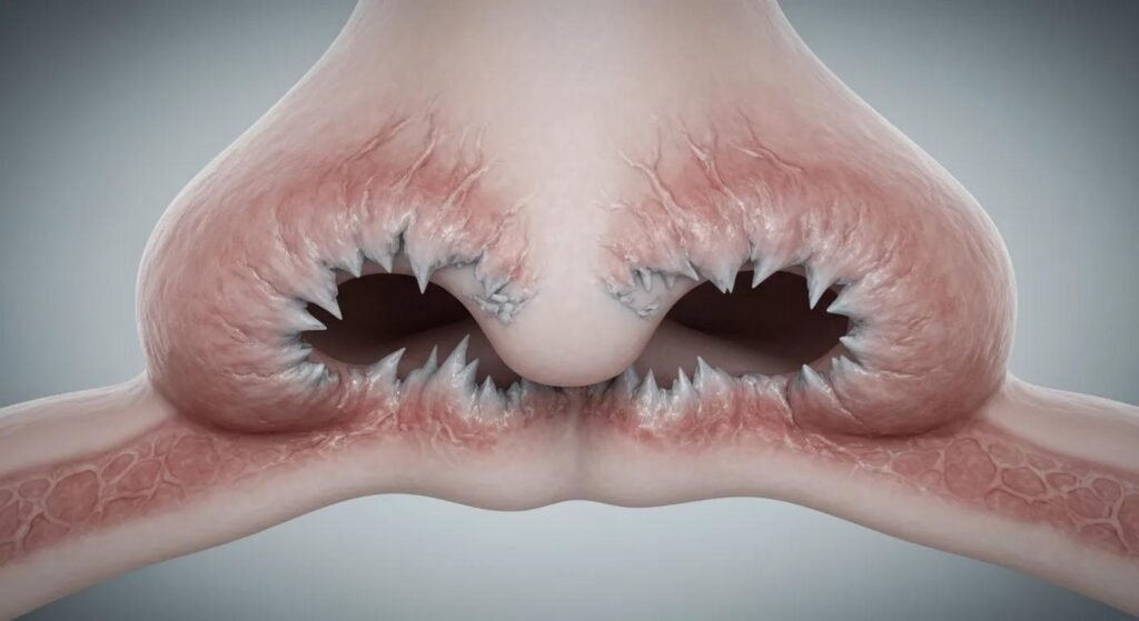 Close-up illustration of nasal septum perforation illustrating damage from cocaine use