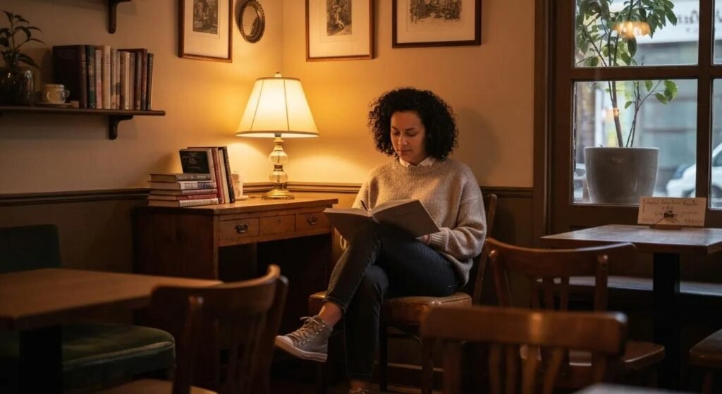 Woman reading a book in a cozy café, surrounded by warm lighting, bookshelves, and a relaxed atmosphere, illustrating mindfulness and self-care strategies for stress management.