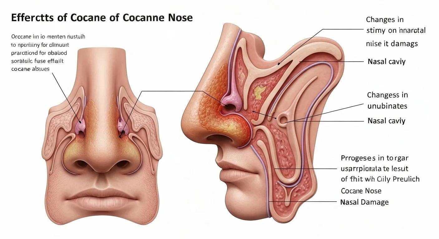 Illustration of cocaine-induced nasal damage highlighting affected areas and structures