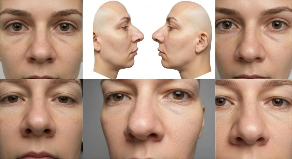 Before and after images of saddle nose deformity repair surgery showing structural restoration